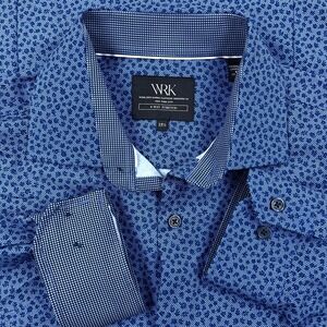 WRK Shirt Men 15.5 Medium Blue  Floral Button Up Performance Flip Cuff